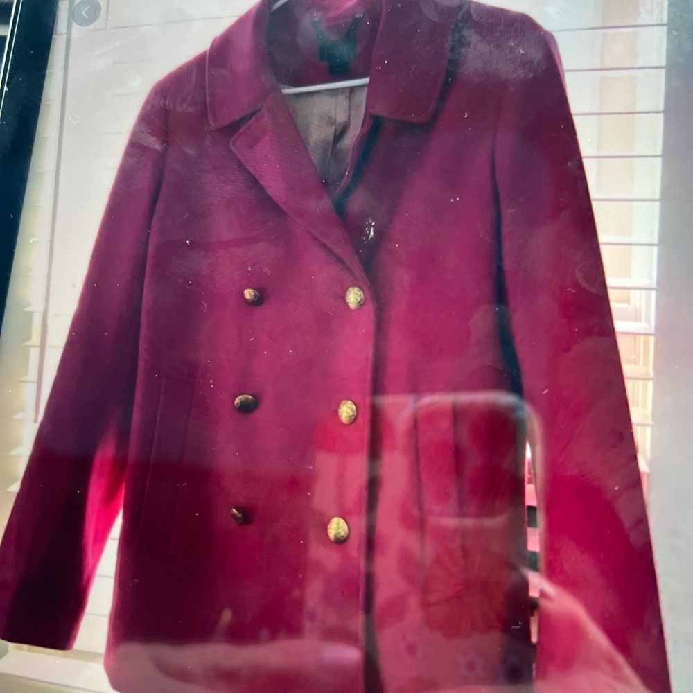 J. Crew Double-Breasted Crimson Pea Coat with Gold Buttons
